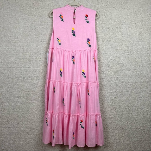 J.Marie Dress Womens M Pink Tiered Embordered Floral Lined Boho Linen Blend Midi - Picture 8 of 13